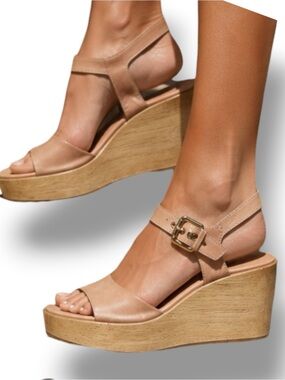 Rachel Comey Tan Nude Platform Wedge Sandals Ankle Strap Wood Heel 6.5 NWOT